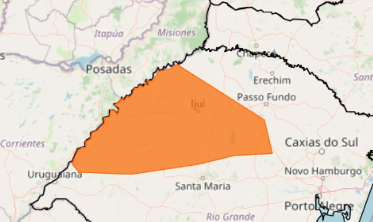 Mapa de alerta laranja para tempestades e ventos fortes no Rio Grande do Sul (04/03/2026). A &aacute;rea de risco abrange a regi&atilde;o de Iju&iacute;, Passo Fundo e fronteira oeste, indicando perigo de chuvas intensas